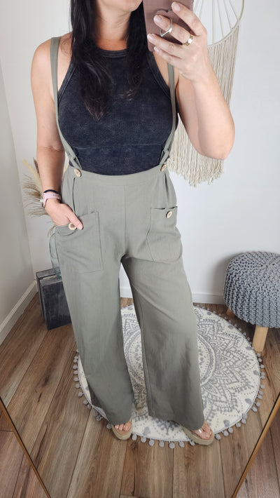 LEIGH suspender pants in olive grey